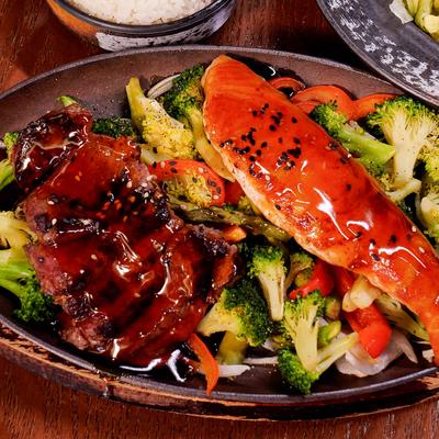Teriyaki salmon and chicken salad.