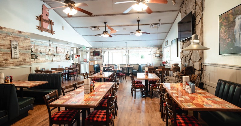 Interior, lined up tables and chairs
