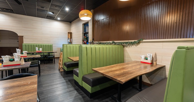 Interior, seating area with booths and tables