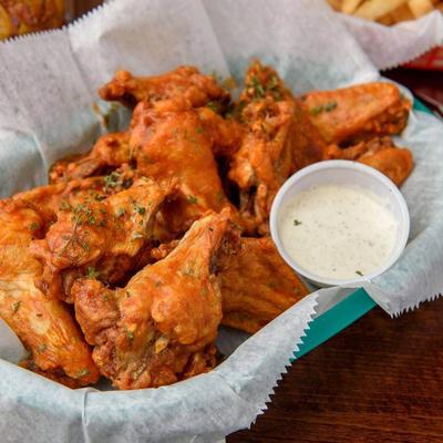 Buffalo wings and blue cheese dressing.