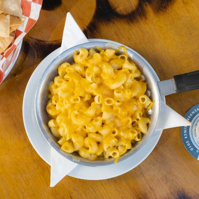 Mac and Cheese served in a small skillet, top view.