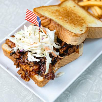 Pulled pork sandwich with the American flag.