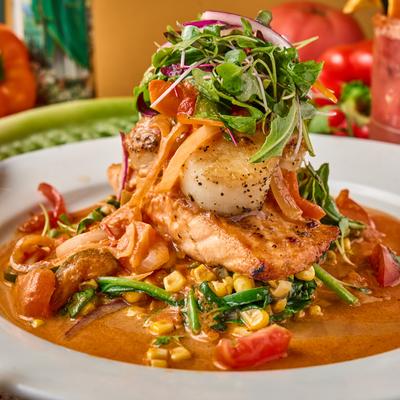 Salmon in lobster sauce, with mashed potatoes, sauteed spinach, and asparagus.