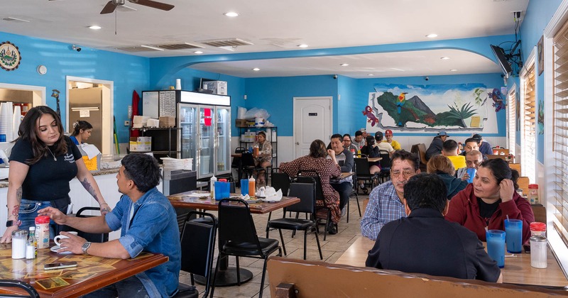 Interior, seating area with guests