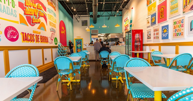 Interior, seating area, decorated walls