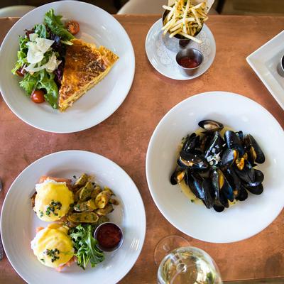 An assortment of dishes, flat lay.