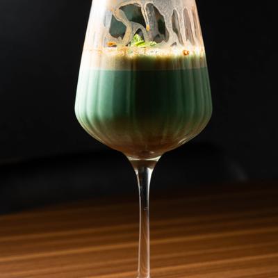 Espresso Not So Martini cocktail sderved in a wine glass.