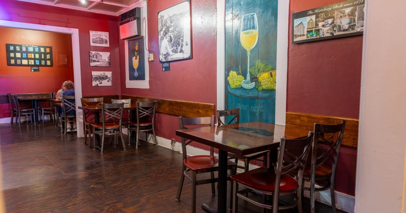 Interior, tables and chairs in seating area