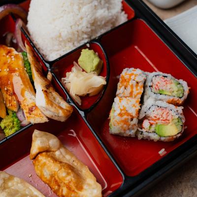 Chicken Teriyaki Bento box, closeup.