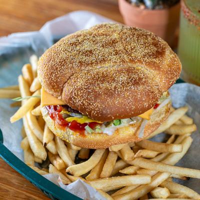 Cheeseburger and fries.