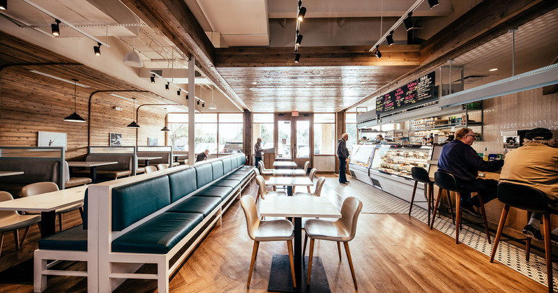 Restaurant interior, tables lined up