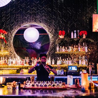 A bartender behind a vibrant bar with a disco ball and shelves of liquor bottles.