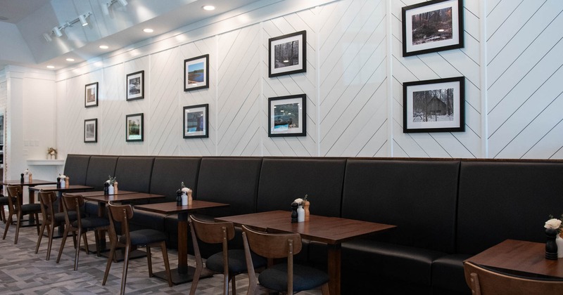 Interior, dining tables, leather bench seats and chairs