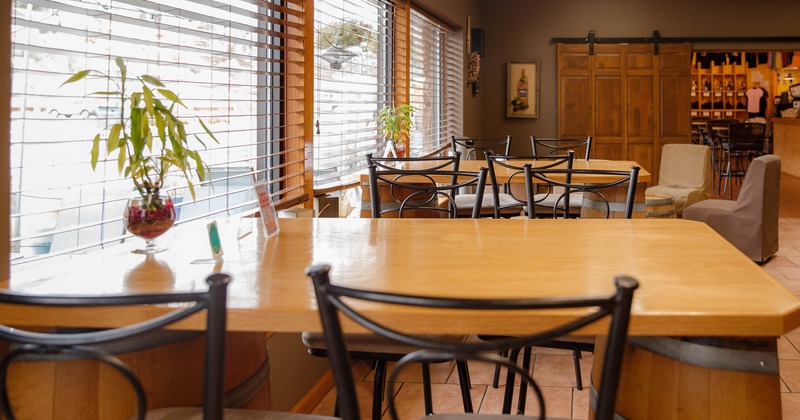 Interior, tables, chairs, windows, lights