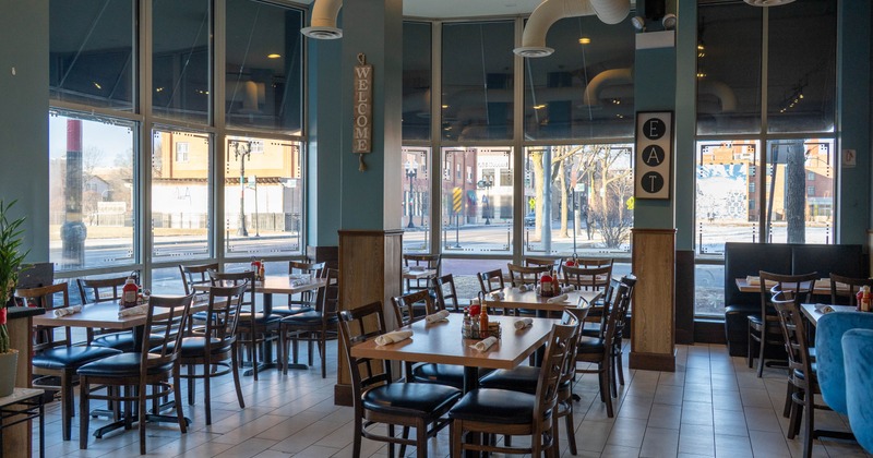 Interior, seating area with tables and chairs