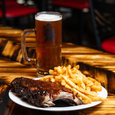 Half Rack of Ribs with fries and beer.