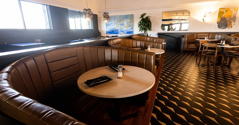 Interior, seating sofas and round tables