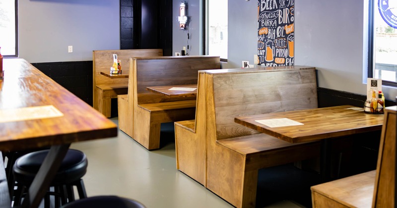 Interior, dining area, wooden booths