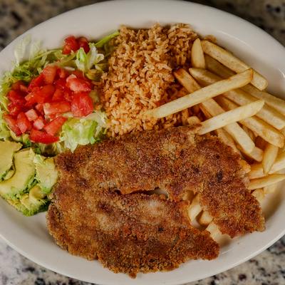 Crispy chicken with avocado, tomato salsa, rice, and fries.