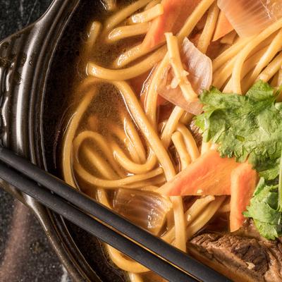 Braised beef noodle soup, close up.