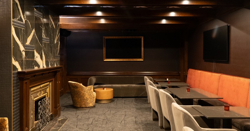 Interior, wide view an upscale sports lounge