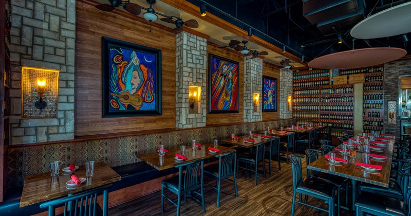 Interior, bench seating with tables and chairs