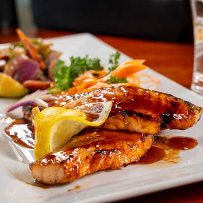 Salmon teriyaki, close up.