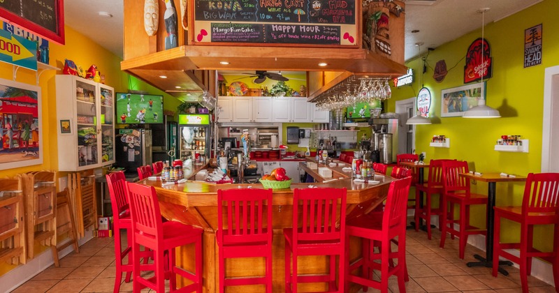 Interior, ''U'' shaped wooden top bar with stools, refrigerators, various shelves