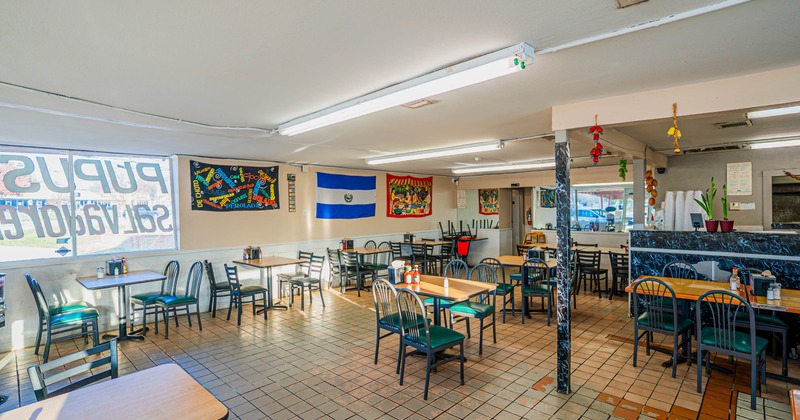 Interior seating area with chairs and tables
