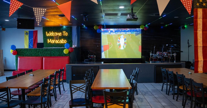 Interior, main seating area, projector on the wall
