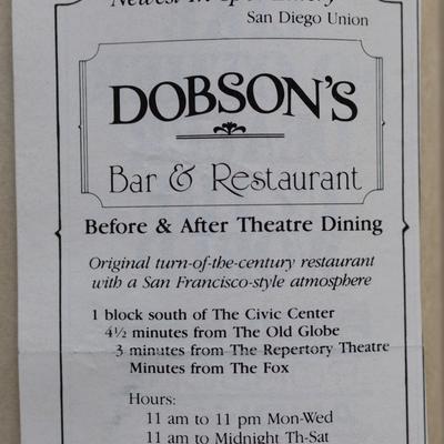 An ad for Dobson's Restaurant highlighting theater dining, hours, and location