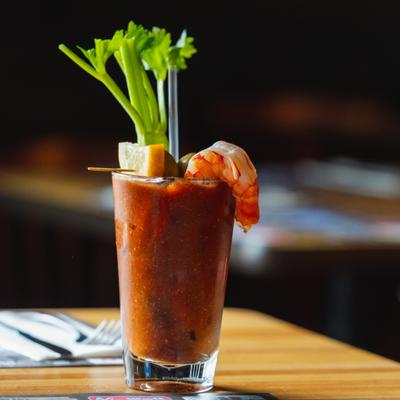 Bloody Mary, with shrimp garnish.
