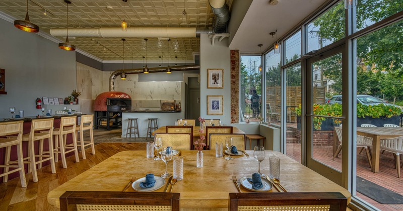 Seating area, tables ready for guests