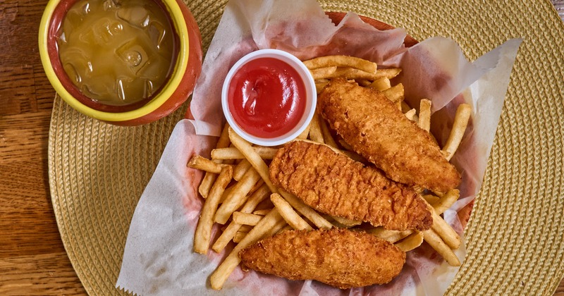 Chicken tenders, with fries, and ketchup