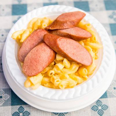 Sausages and mac and cheese.