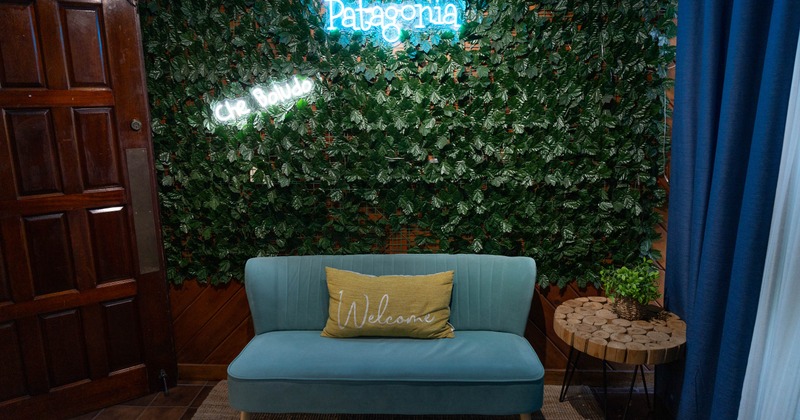 Blue sofa with a pillow by the green wall