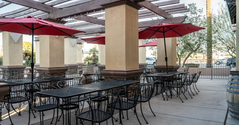 Exterior, tables and chairs and garden umbrellas