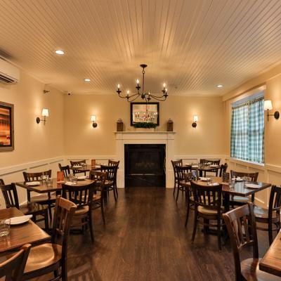 Dining area by the fireplace.