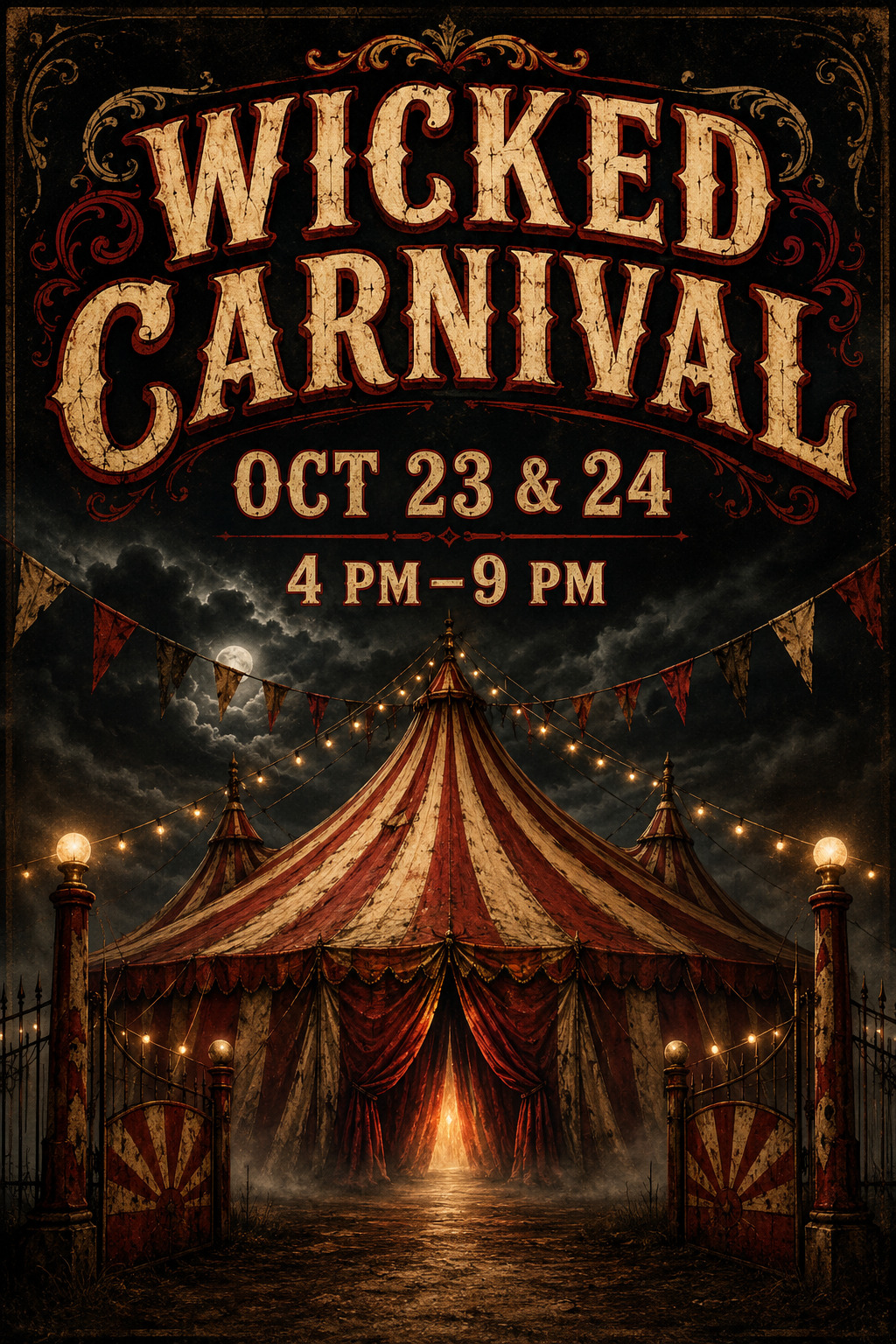 Vintage carnival poster for Wharf Hill's Wicked Carnival Haunted Dinner, October 23 and 24.