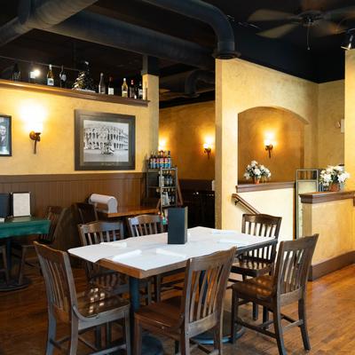 Tables and chairs inside.