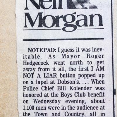 A close-up of an article discussing an event involving Mayor Roger Hedgecock