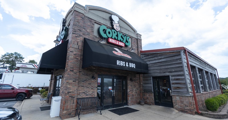 Exterior, restaurant front entrance and parking lot