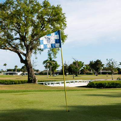 Exterior, a flagstick on a golf course.