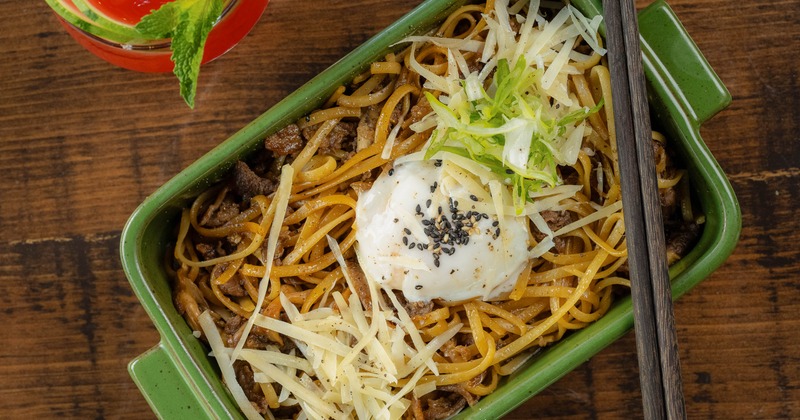 Sukiyaki linguine topped with a soft egg
