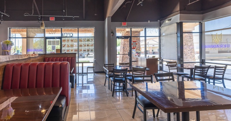 Interior, tables, chairs and seating booths