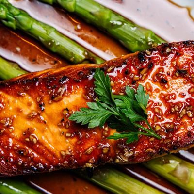 Salmon served, closeup.
