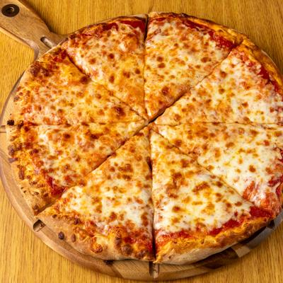 Cheese Pizza served on a wooden tray with a handle.