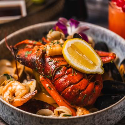 Seafood mofongo with lobster, shrimp, and calamari.