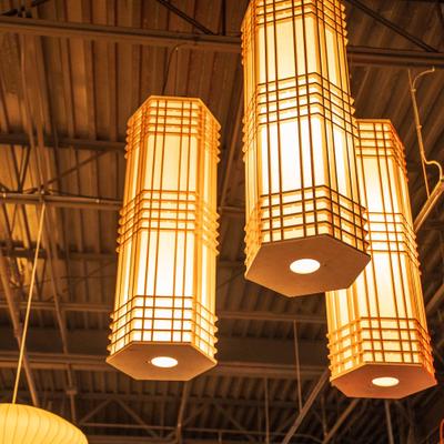Japanese-style wooden pendant lamp with an octagonal shape.