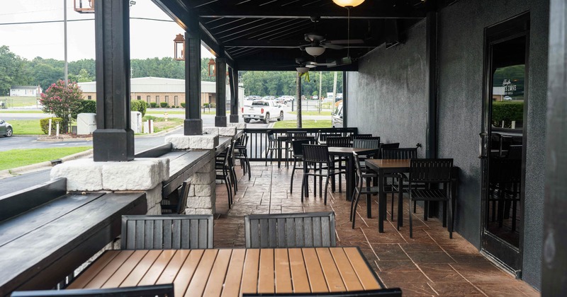 Outside, covered seating area